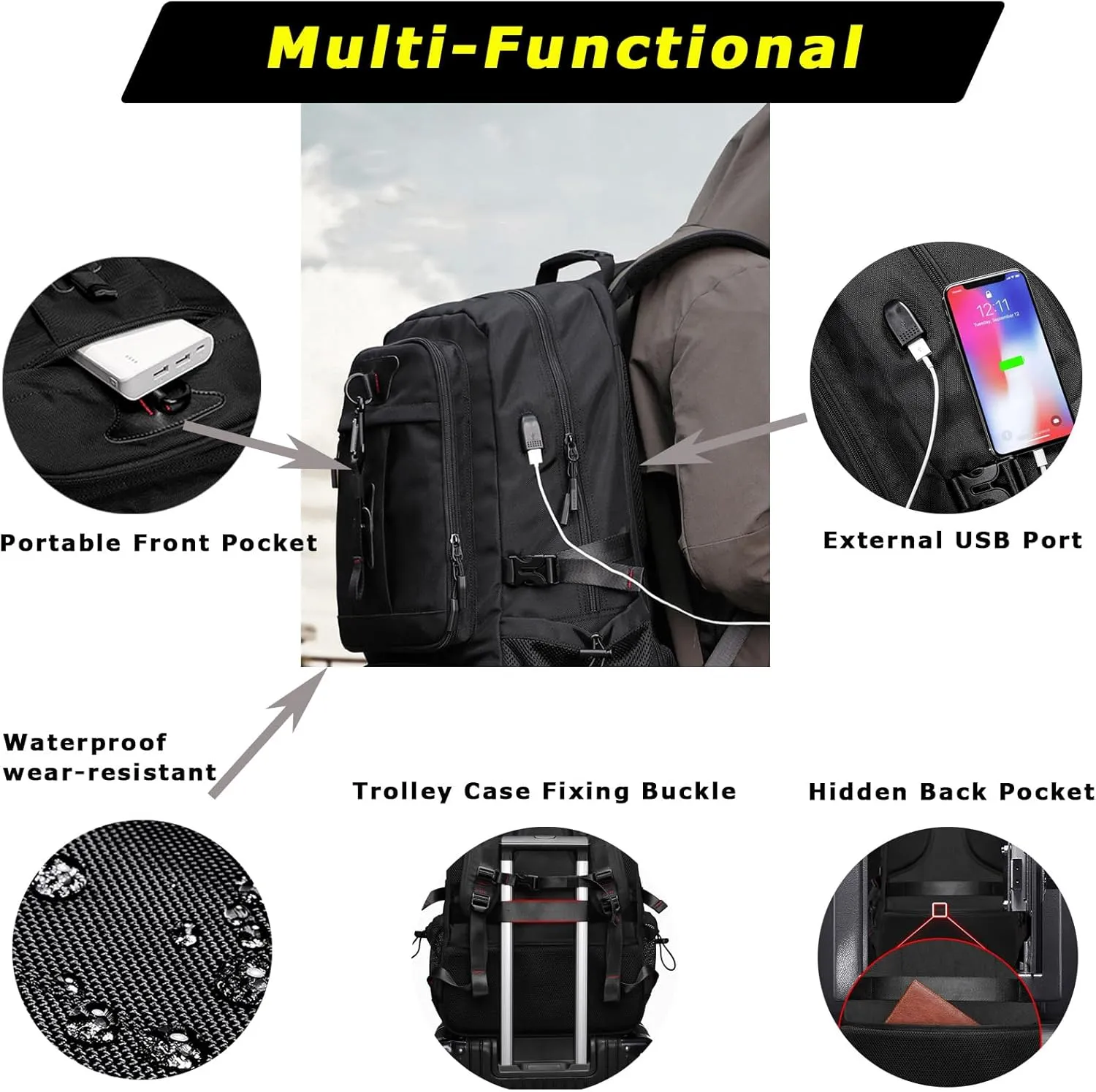 Large Capacity Hiking Backpack Outdoor Sports Travel Backpack for Men Women Waterproof Lightweight Wear-Resistant Shoulder Bag Suitable For Climbing Touring Expandable Capacity 60L Black