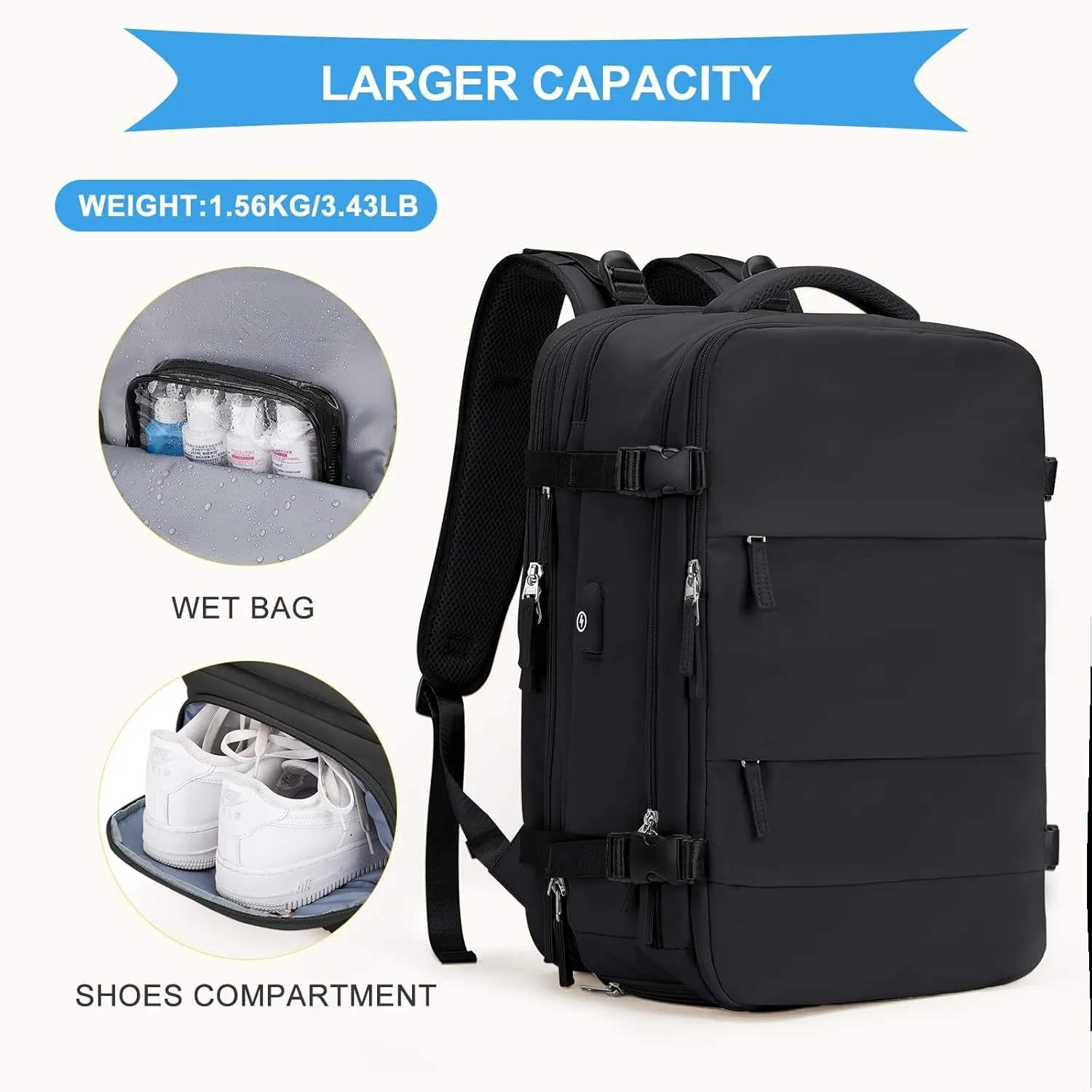 Large Travel Backpack for Women Men, Carry on Backpack,Hiking Backpack Waterproof Outdoor Sports Rucksack Casual Daypack Expandable Heavy Duty Extra Large Backpack Black Expansion