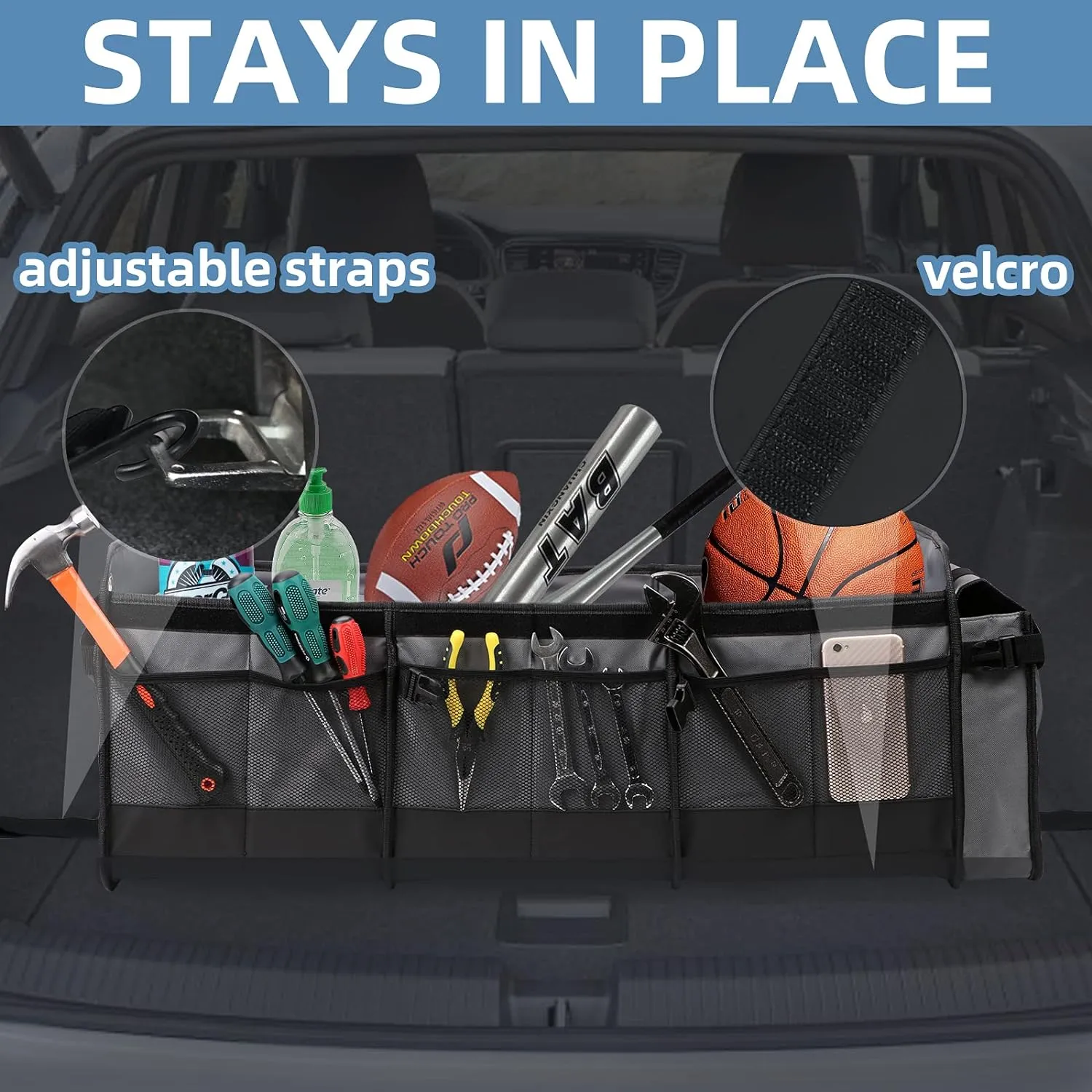 Large Trunk Organizer with Removable Cooler Bag-Collapsible Durable Multi Compartments w/ Foldable Cover, Non Slip Bottom Cargo Storage Suitable for Any Car, SUV, Truck, or Van(3 compartments,Gray）