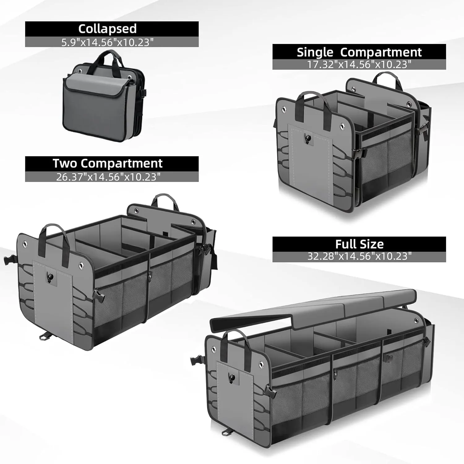 Large Trunk Organizer with Removable Cooler Bag-Collapsible Durable Multi Compartments w/ Foldable Cover, Non Slip Bottom Cargo Storage Suitable for Any Car, SUV, Truck, or Van(3 compartments,Gray）