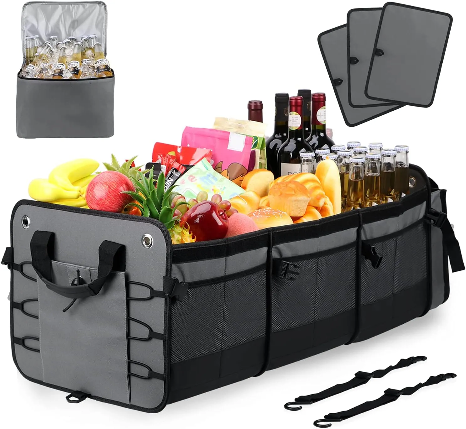 Large Trunk Organizer with Removable Cooler Bag-Collapsible Durable Multi Compartments w/ Foldable Cover, Non Slip Bottom Cargo Storage Suitable for Any Car, SUV, Truck, or Van(3 compartments,Gray）