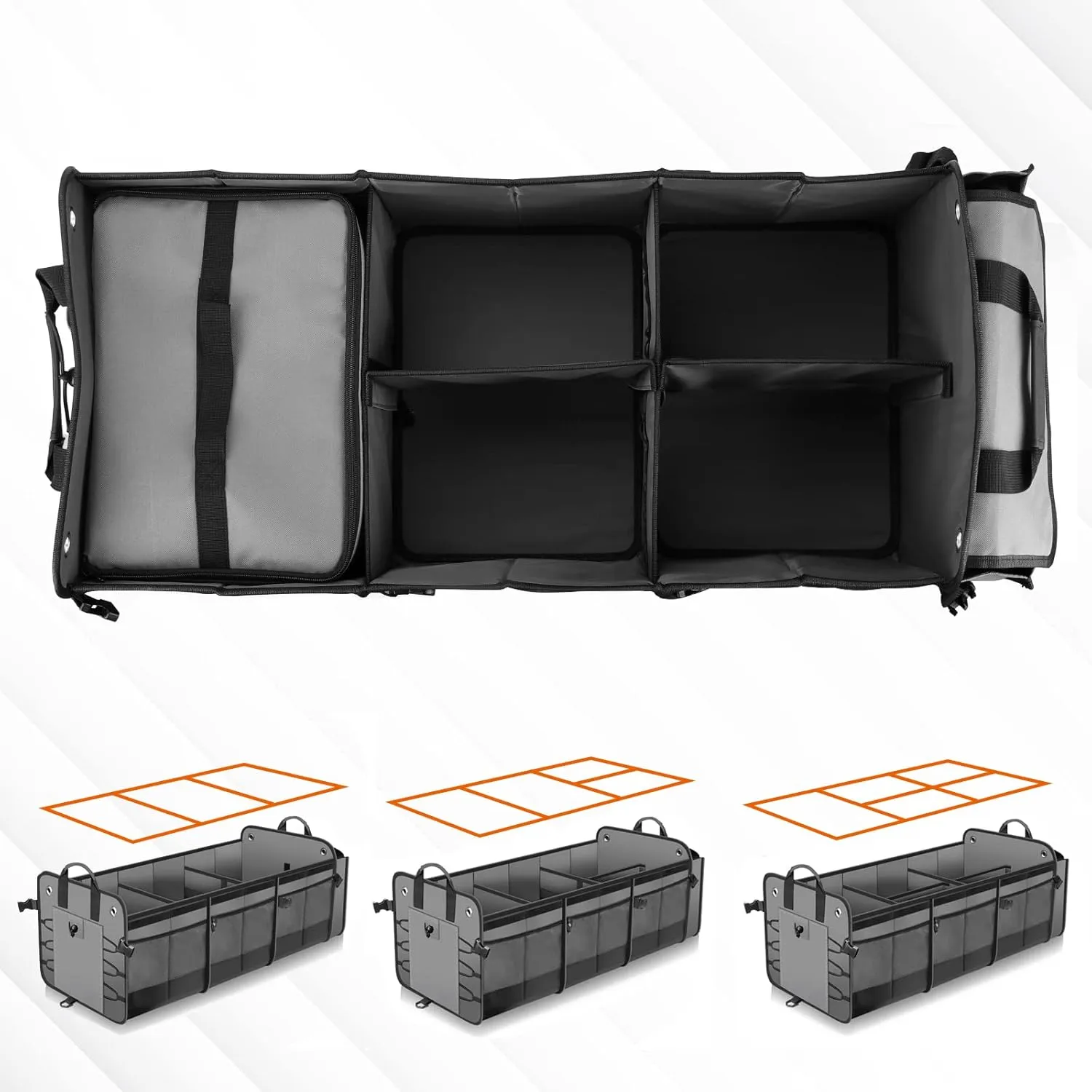 Large Trunk Organizer with Removable Cooler Bag-Collapsible Durable Multi Compartments w/ Foldable Cover, Non Slip Bottom Cargo Storage Suitable for Any Car, SUV, Truck, or Van(3 compartments,Gray）