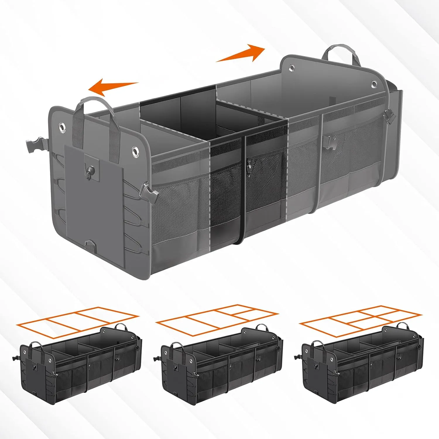Large Trunk Organizer with Removable Cooler Bag-Collapsible Multi Compartments w/Foldable Cover, Non Slip Bottom Cargo Storage Suitable for Any Car, SUV, Truck, or Van(3 compartments,Black)