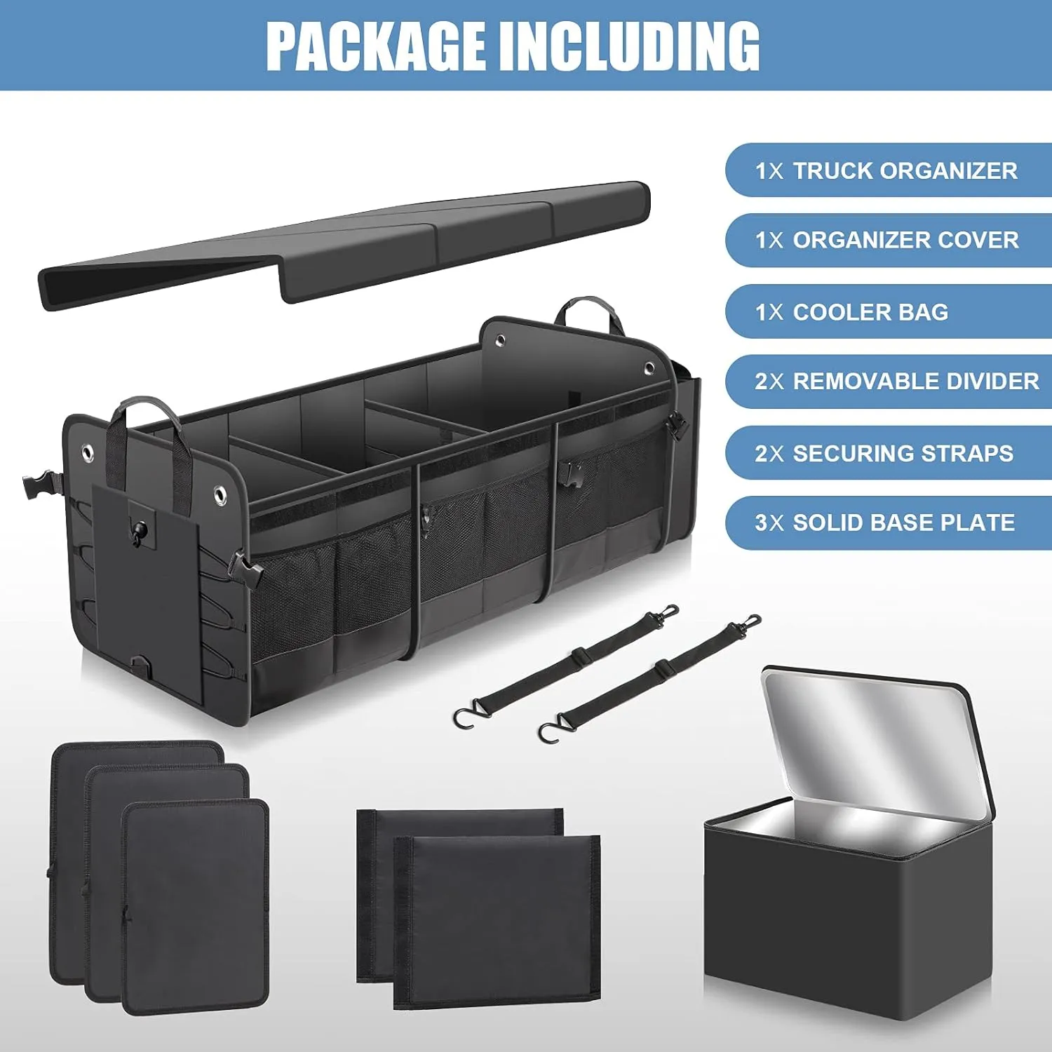 Large Trunk Organizer with Removable Cooler Bag-Collapsible Multi Compartments w/Foldable Cover, Non Slip Bottom Cargo Storage Suitable for Any Car, SUV, Truck, or Van(3 compartments,Black)