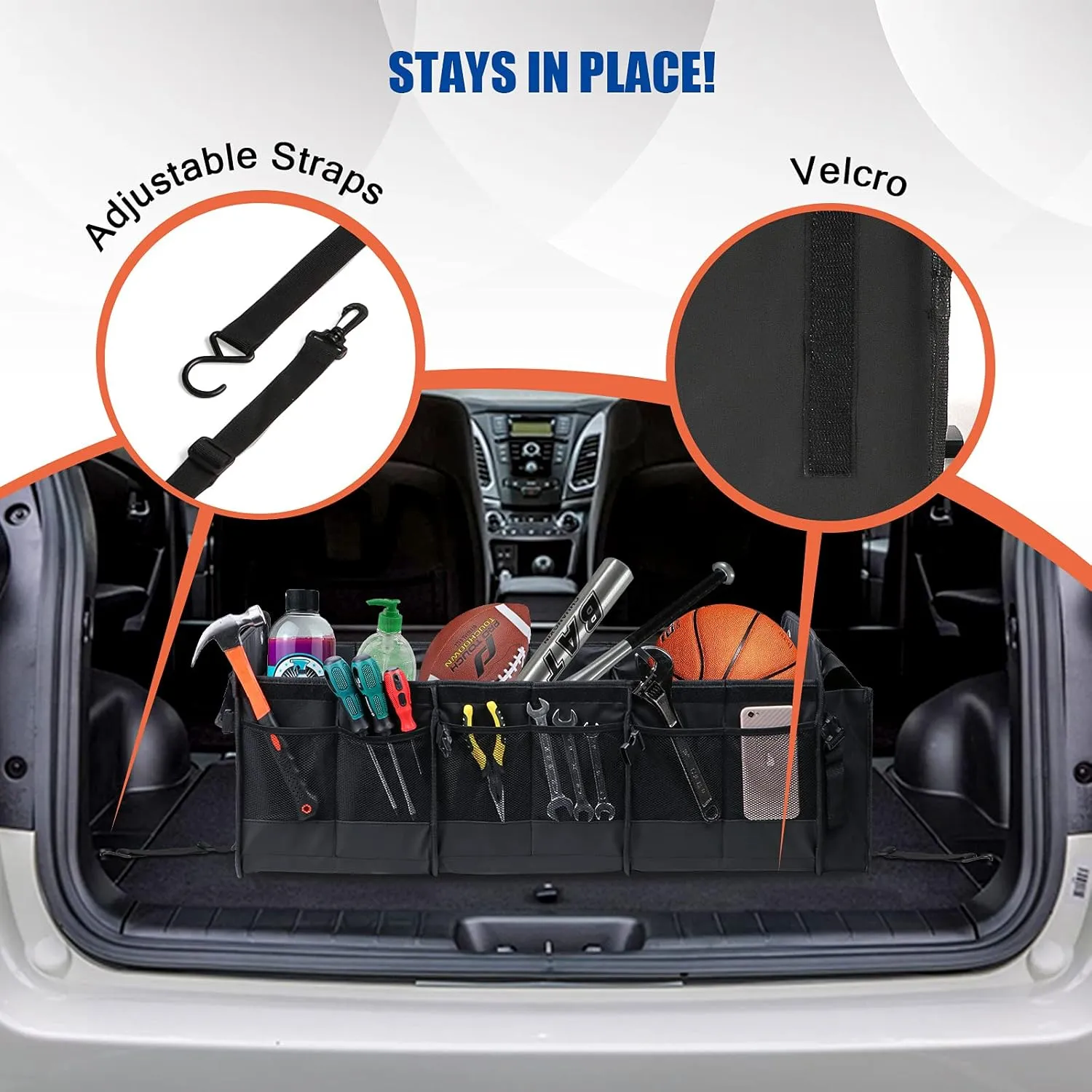 Large Trunk Organizer with Removable Cooler Bag-Collapsible Multi Compartments w/Foldable Cover, Non Slip Bottom Cargo Storage Suitable for Any Car, SUV, Truck, or Van(3 compartments,Black)