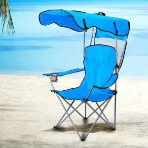 Lawn Chair, Outdoor Folding Chairs, Canopy Chair with Sun Shade, Cup Holder, Side Pocket, Camping Chair with Canopy, Beach Chair with Umbrella, Portable Chairs for Adults Blue