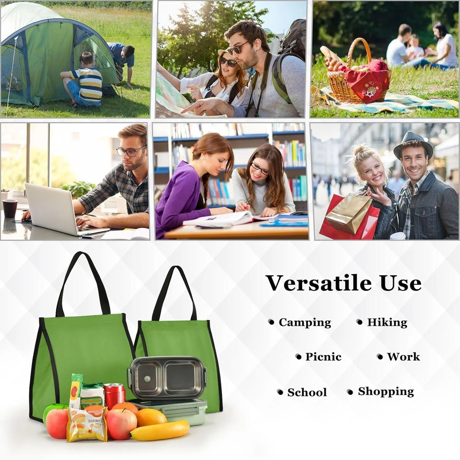 Lawn Green Lunch Bag for Women Men Insulated Lunch Box for Adult Medium Reusable Lunch Tote Bag for Work, Picnic, School or Travel