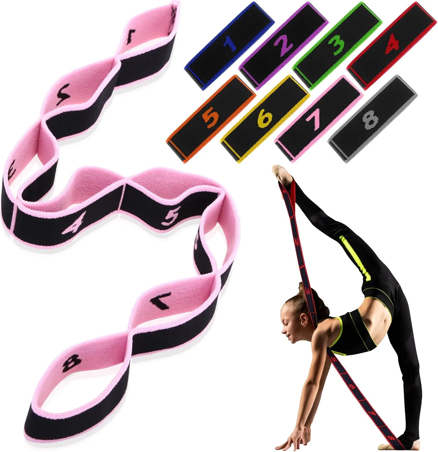 Lenwen 8 Pcs Elastic Yoga Stretching Strap 39.37 Inch Adjustable Multi Loop Stretch Strap Training Dance Stretch Band for Leg Pilates Gymnastics Home Exercise Workout Equipment Adult Children, 8 Color