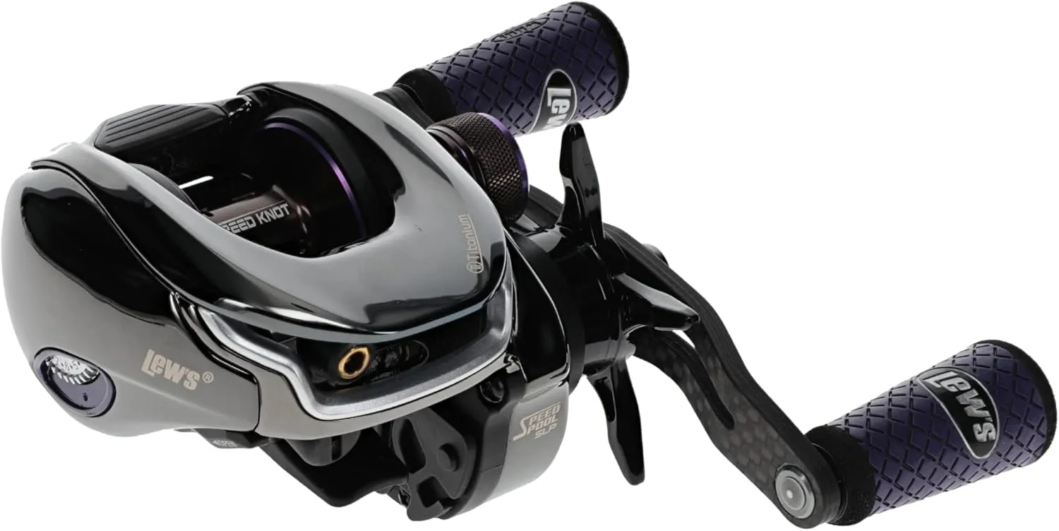 Lew's Team Lew's Pro-Ti Baitcast Fishing Reel, 10 1 Stainless Steel Ball Bearings, 7.5:1 Gear Ratio, Titanium Gray/Purple