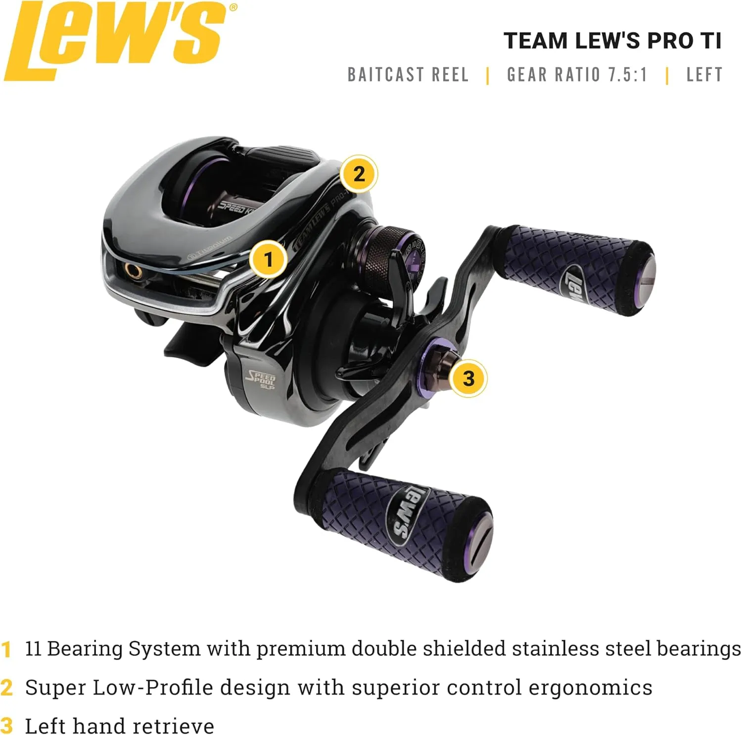 Lew's Team Lew's Pro-Ti Baitcast Fishing Reel, 10 1 Stainless Steel Ball Bearings, 7.5:1 Gear Ratio, Titanium Gray/Purple