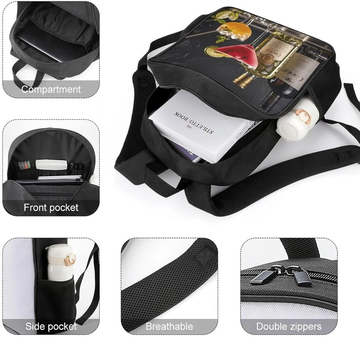 Lightweight Backpacks Cute Travel Bag Durable Cocktail Glasses And Wine Bottles Printing Small Travel Backpack For Women & Men