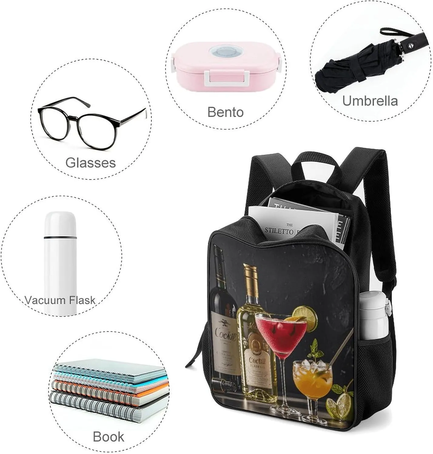Lightweight Backpacks Cute Travel Bag Durable Cocktail Glasses And Wine Bottles Printing Small Travel Backpack For Women & Men