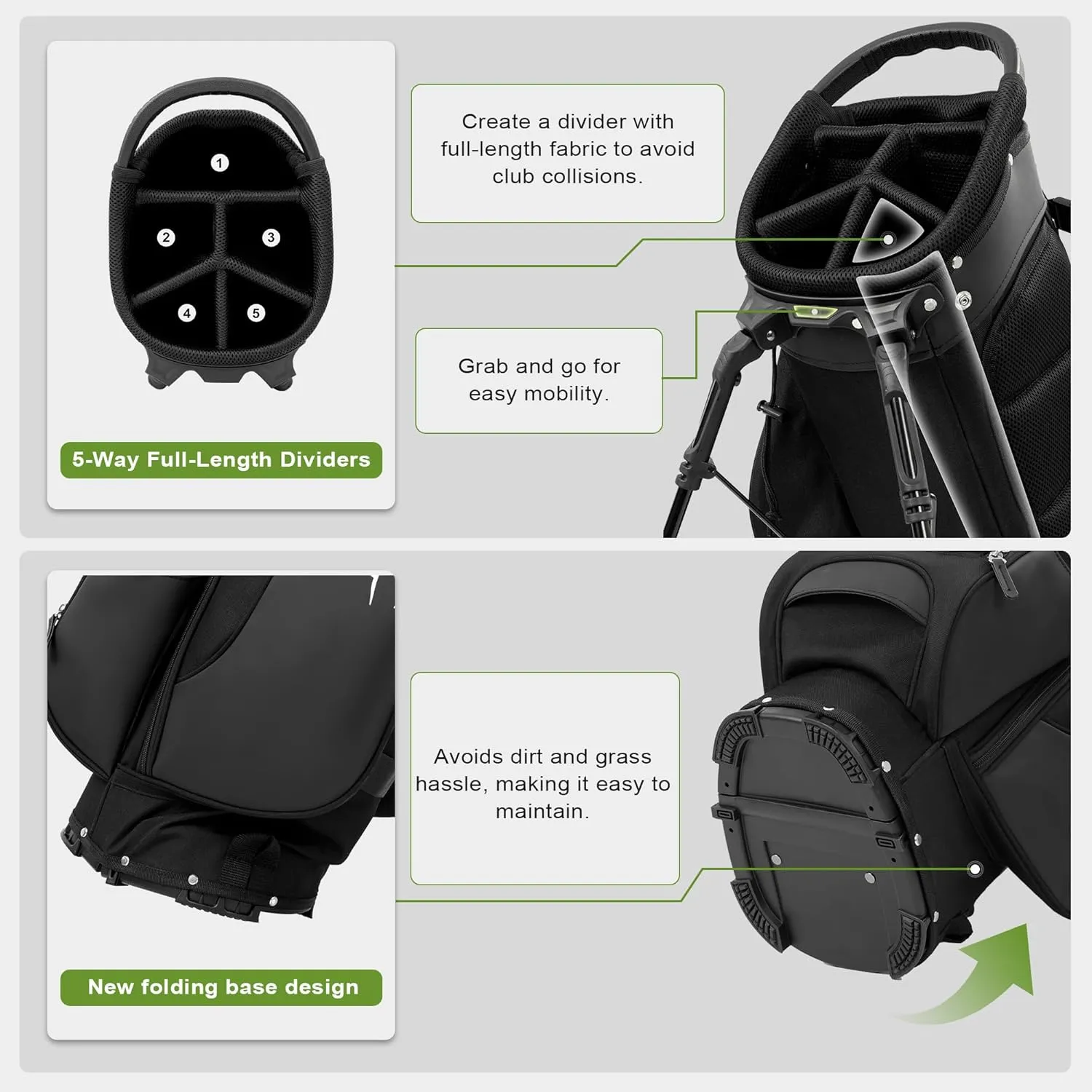 Lightweight Golf Stand Bag with 5 Way Full-Length Dividers, Semi-Concealed Stand, Folding Base, Adjustable Dual Straps and 8 Pockets