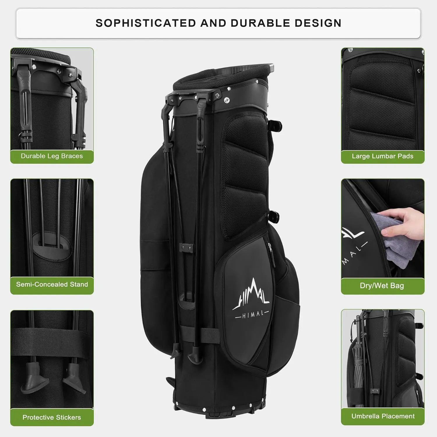 Lightweight Golf Stand Bag with 5 Way Full-Length Dividers, Semi-Concealed Stand, Folding Base, Adjustable Dual Straps and 8 Pockets