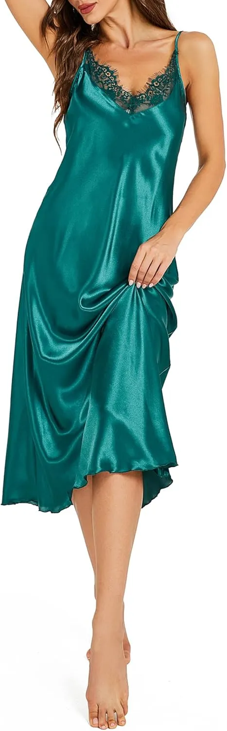 Litherday Silk Nightgown for Women Long Satin Slip Dress Nightdress Silky Chemise Nightie Soft V Neck Nightwear