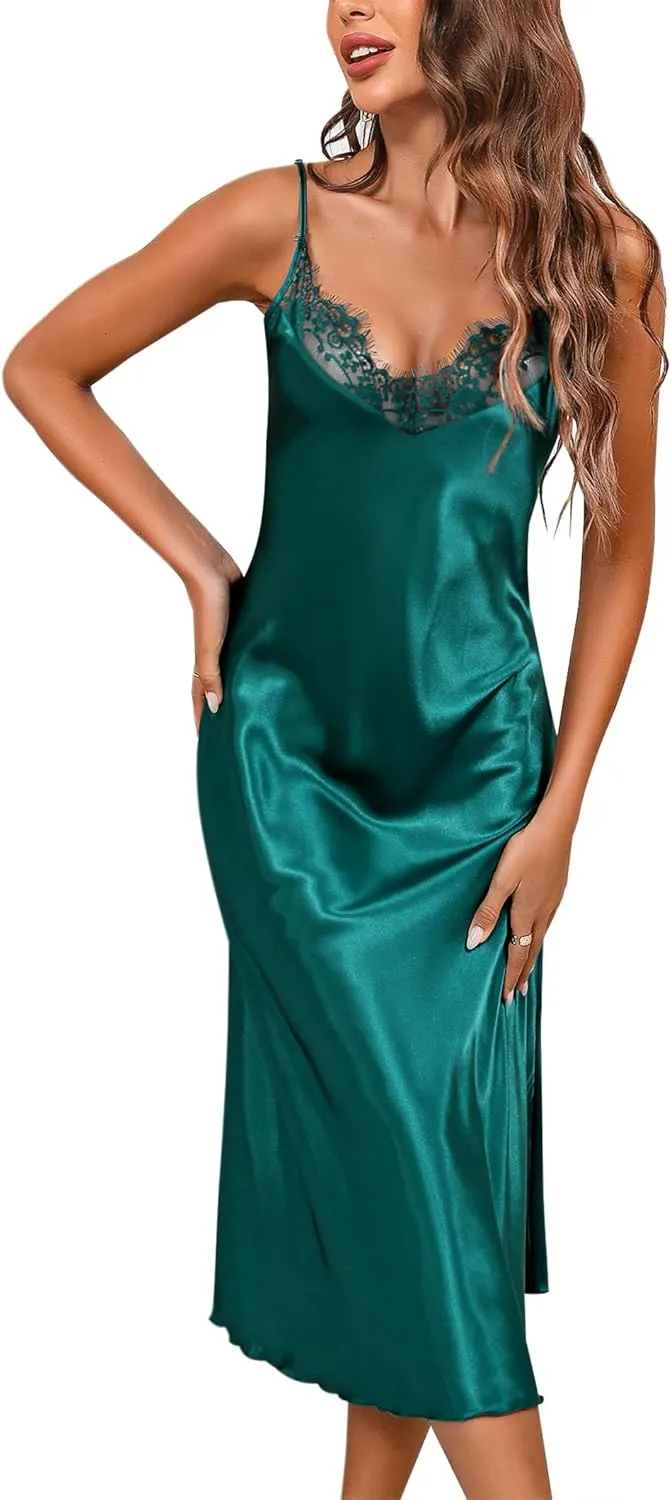 Litherday Silk Nightgown for Women Long Satin Slip Dress Nightdress Silky Chemise Nightie Soft V Neck Nightwear