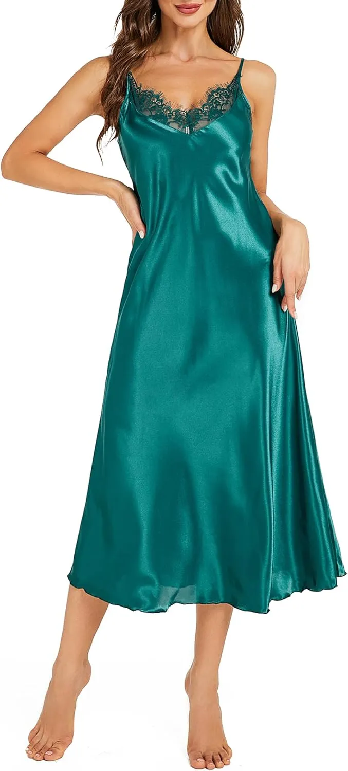 Litherday Silk Nightgown for Women Long Satin Slip Dress Nightdress Silky Chemise Nightie Soft V Neck Nightwear