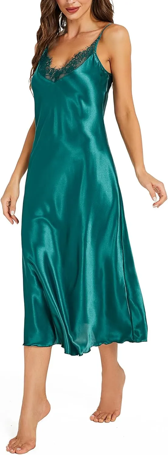 Litherday Silk Nightgown for Women Long Satin Slip Dress Nightdress Silky Chemise Nightie Soft V Neck Nightwear
