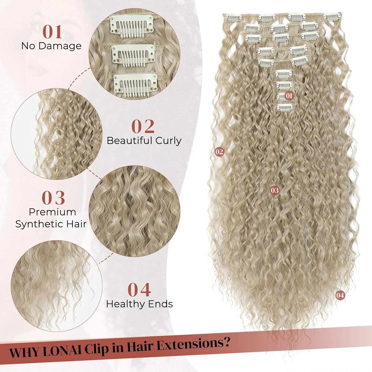 LONAI Hair Extension,9PCS 22" Curly Clip in Hair Extensions LN002 Long Soft Thick Synthetic Hairpieces for Women-Ash Blonde