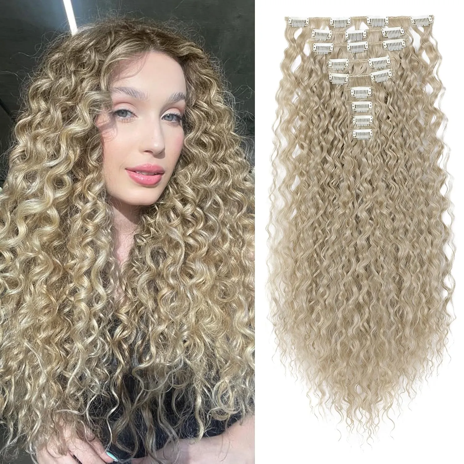 LONAI Hair Extension,9PCS 22" Curly Clip in Hair Extensions LN002 Long Soft Thick Synthetic Hairpieces for Women-Ash Blonde