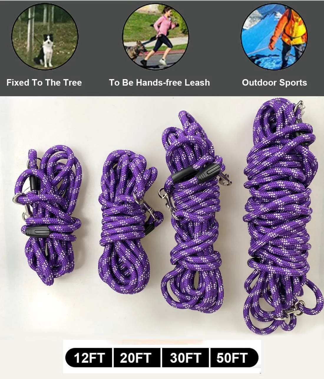 Long Rope Dog Leash for Dog Training 12FT 20FT 30FT 50FT, Reflective Threads Dog Leashes Tie-Out Check Cord Recall Training Agility Lead for Large Medium Small Dogs (Purple, 10mm*50ft)