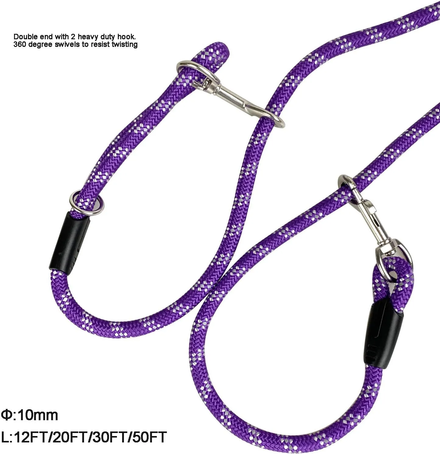 Long Rope Dog Leash for Dog Training 12FT 20FT 30FT 50FT, Reflective Threads Dog Leashes Tie-Out Check Cord Recall Training Agility Lead for Large Medium Small Dogs (Purple, 10mm*50ft)