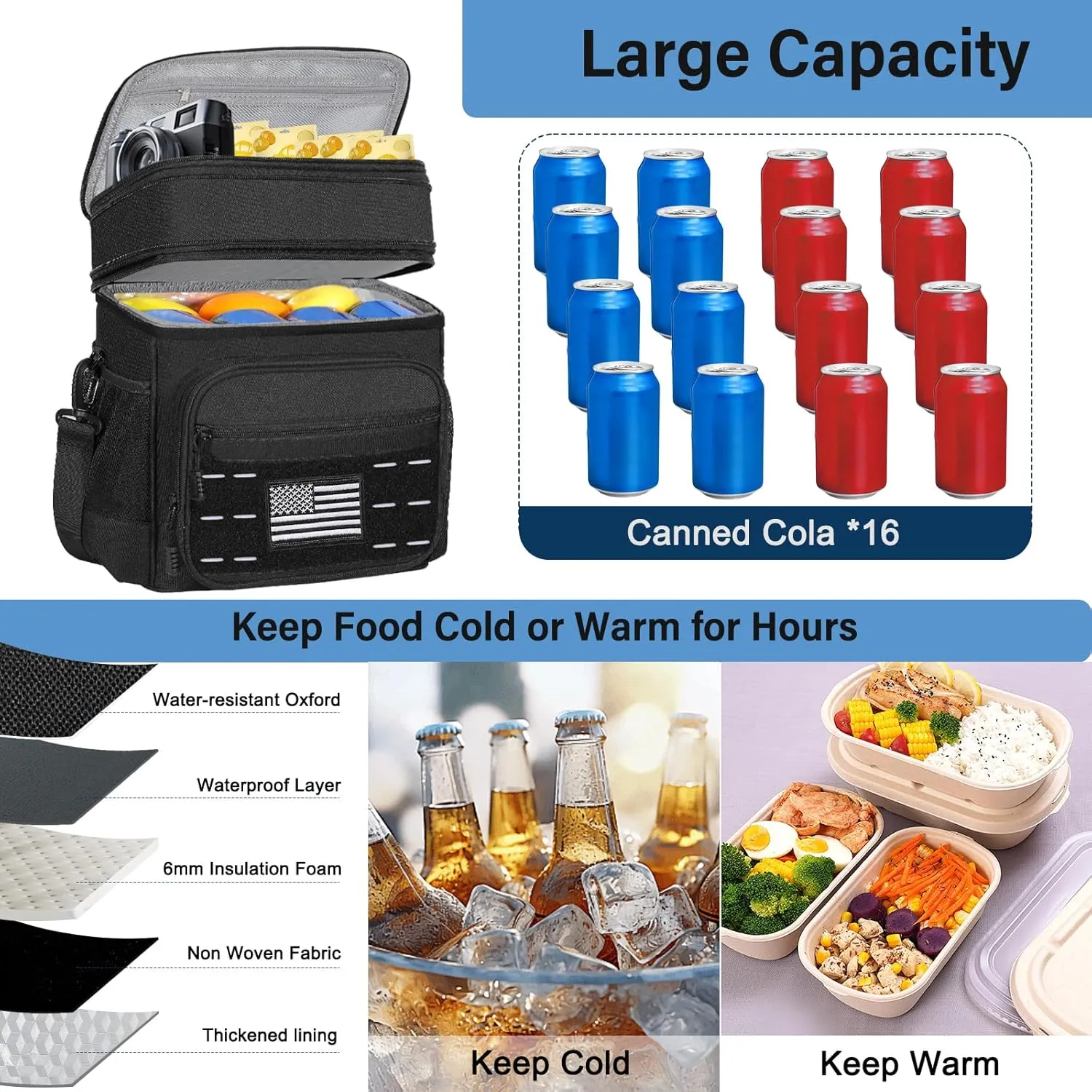 Lunch-Box-Cooler-Bag - Insulated Tactical Lunchbox for Men Women - Large Lunch Pail for Adults Work Outdoor Shifts Trips with American Flag