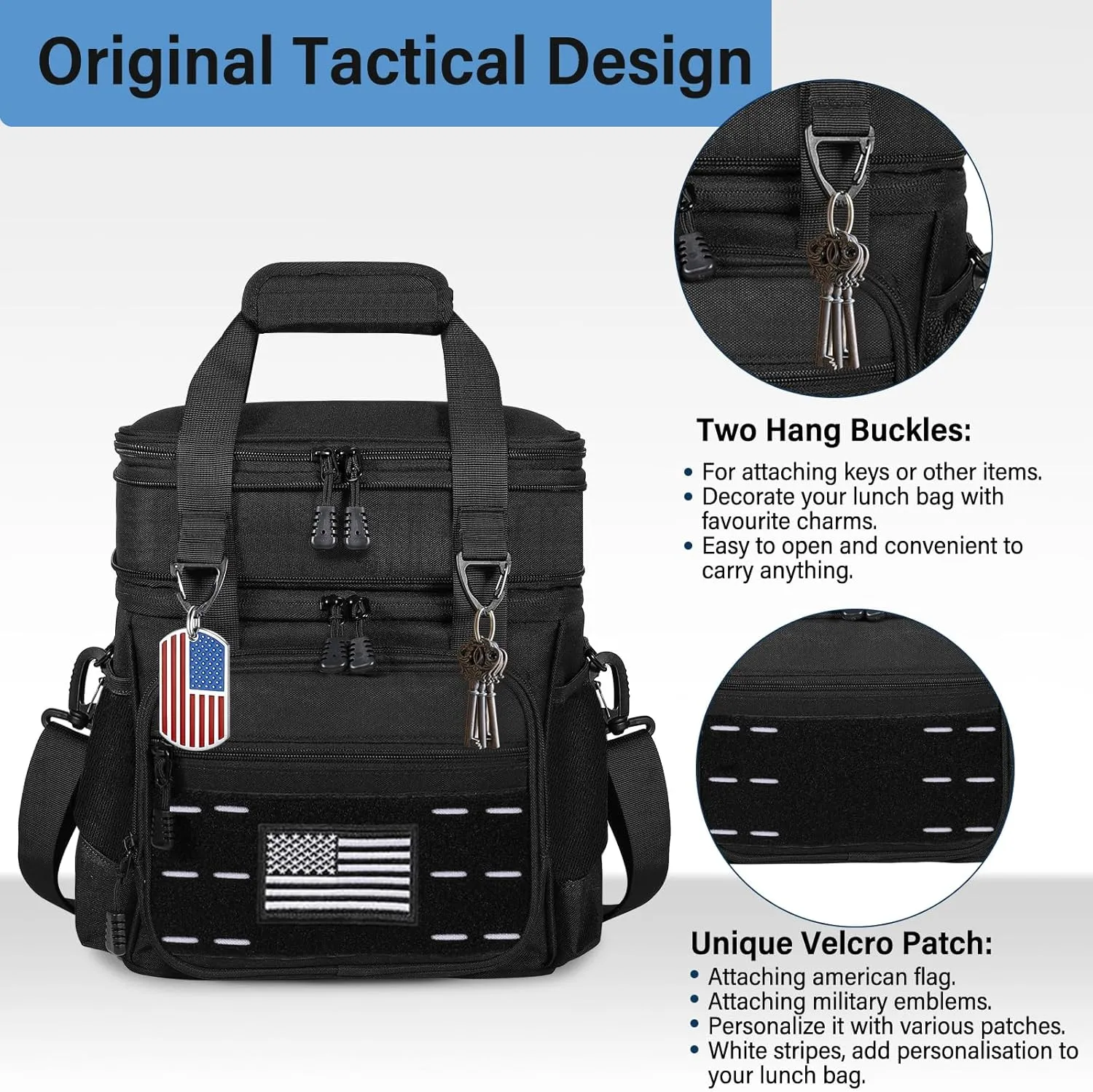 Lunch-Box-Cooler-Bag - Insulated Tactical Lunchbox for Men Women - Large Lunch Pail for Adults Work Outdoor Shifts Trips with American Flag