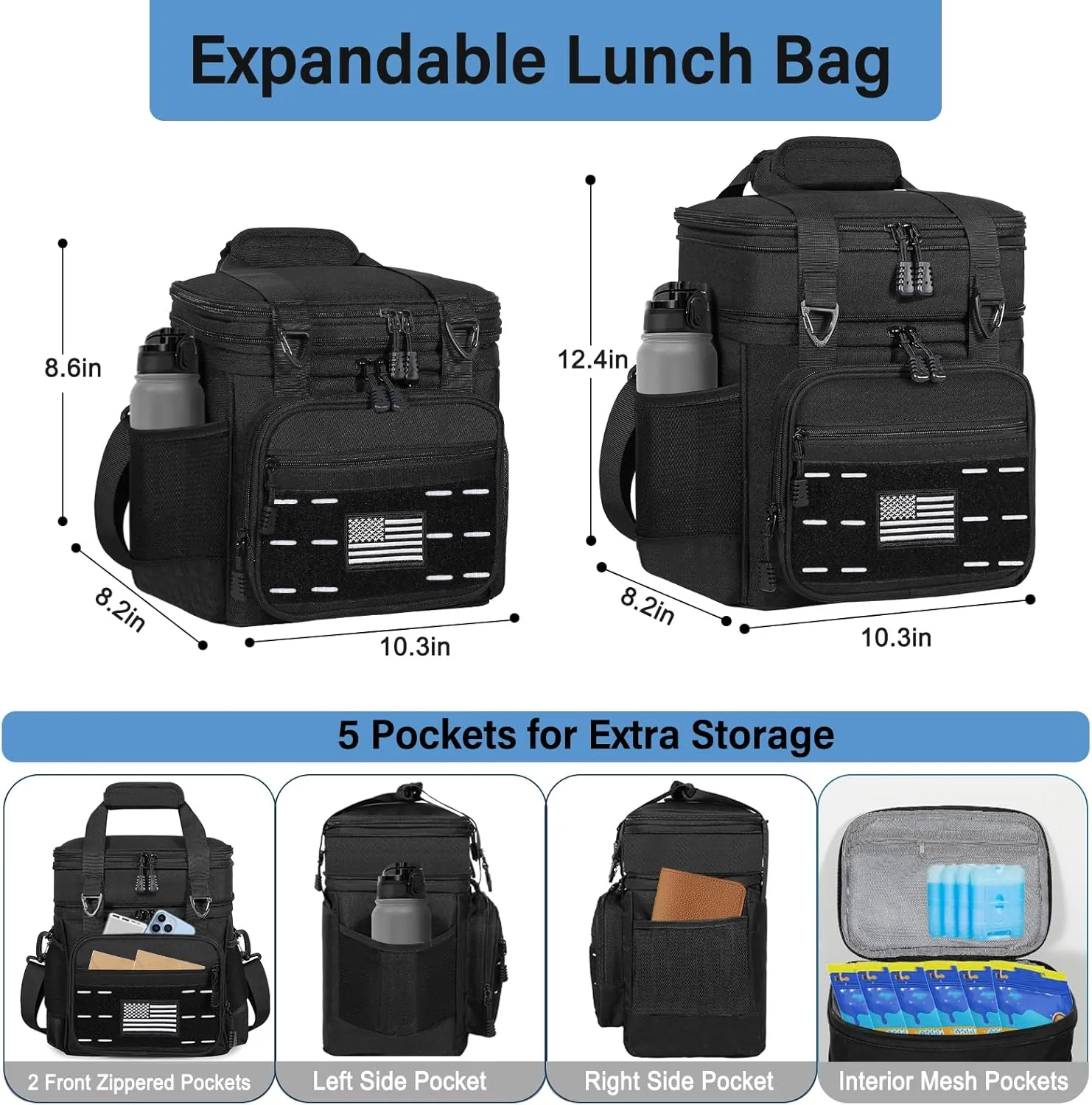 Lunch-Box-Cooler-Bag - Insulated Tactical Lunchbox for Men Women - Large Lunch Pail for Adults Work Outdoor Shifts Trips with American Flag