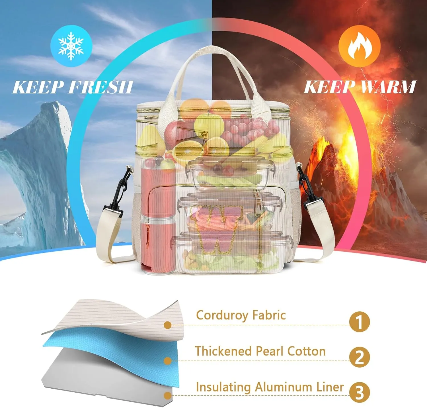 Lunch Box for Women Insulated Lunch Bag-16L-Leakproof Cooler Bag Personalized Adult Lunch Box with Adjustable Shoulder Strap, Gift for Women/Stuff/Teacher for Work Picnin Travel, Beige, Initial C