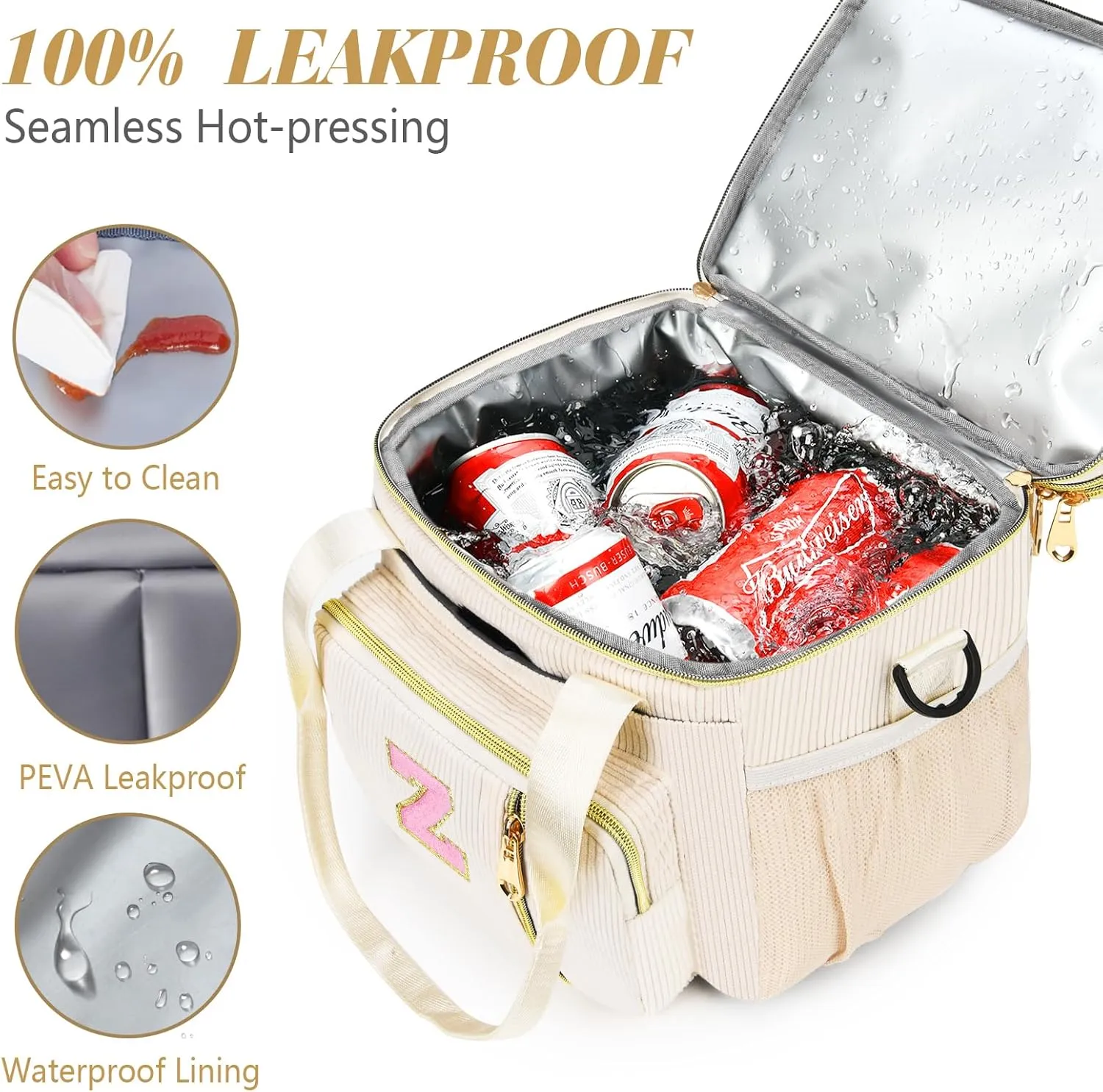 Lunch Box for Women Insulated Lunch Bag-16L-Leakproof Cooler Bag Personalized Adult Lunch Box with Adjustable Shoulder Strap, Gift for Women/Stuff/Teacher for Work Picnin Travel, Beige, Initial C