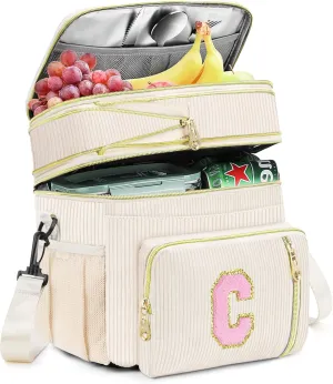 Lunch Box for Women Insulated Lunch Bag-16L-Leakproof Cooler Bag Personalized Adult Lunch Box with Adjustable Shoulder Strap, Gift for Women/Stuff/Teacher for Work Picnin Travel, Beige, Initial C
