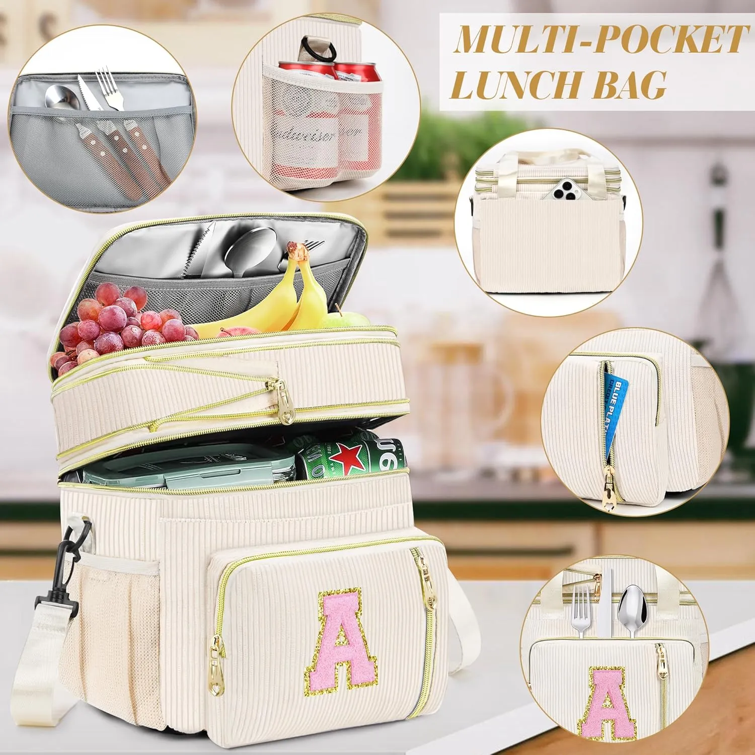 Lunch Box for Women Insulated Lunch Bag-16L-Leakproof Cooler Bag Personalized Adult Lunch Box with Adjustable Shoulder Strap, Gift for Women/Stuff/Teacher for Work Picnin Travel, Beige, Initial C