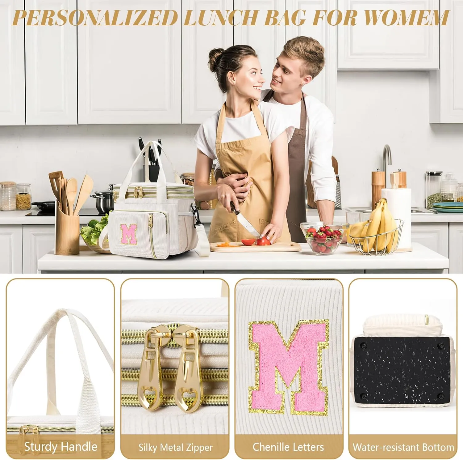 Lunch Box for Women Insulated Lunch Bag-16L-Leakproof Cooler Bag Personalized Adult Lunch Box with Adjustable Shoulder Strap, Gift for Women/Stuff/Teacher for Work Picnin Travel, Beige, Initial C