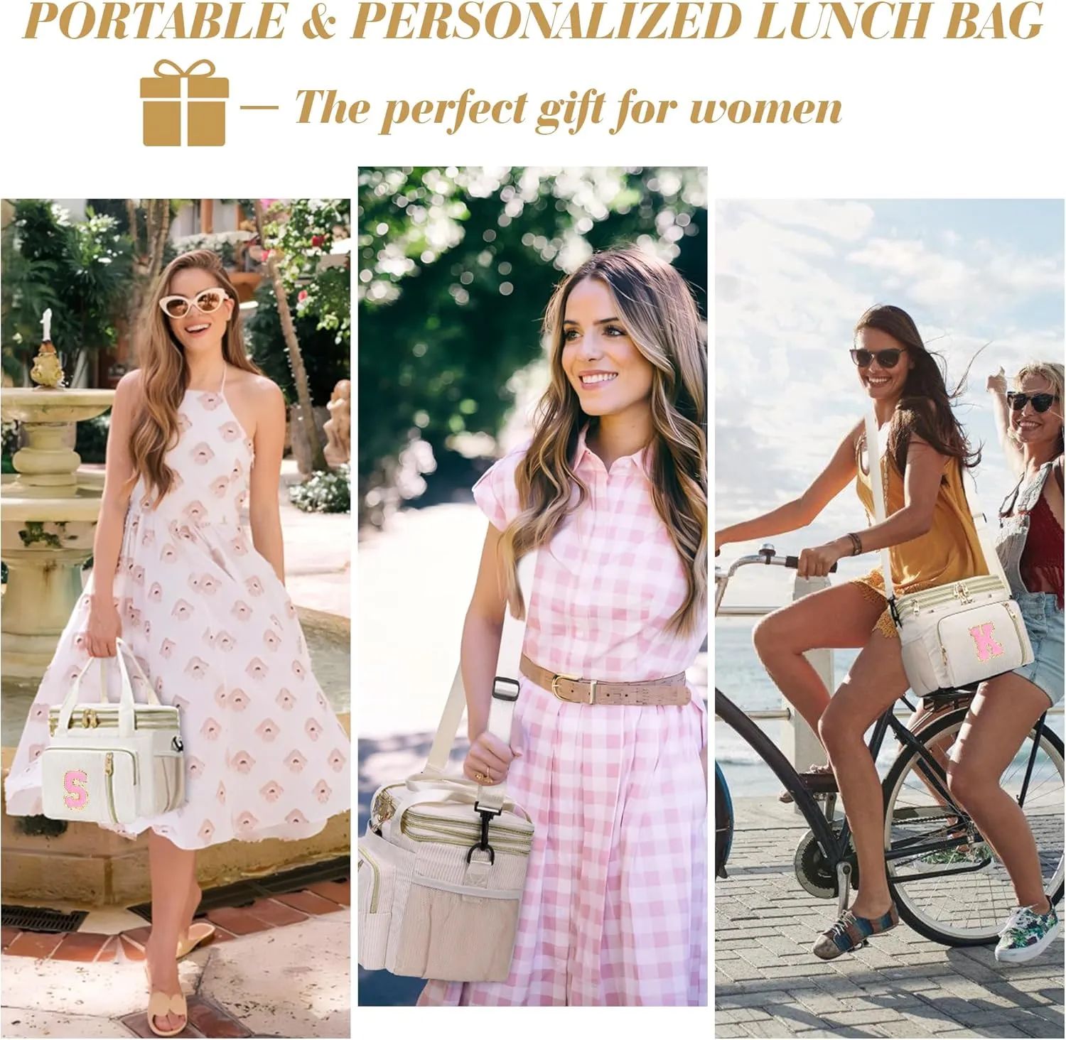 Lunch Box for Women Insulated Lunch Bag-16L-Leakproof Cooler Bag Personalized Adult Lunch Box with Adjustable Shoulder Strap, Gift for Women/Stuff/Teacher for Work Picnin Travel, Beige, Initial C