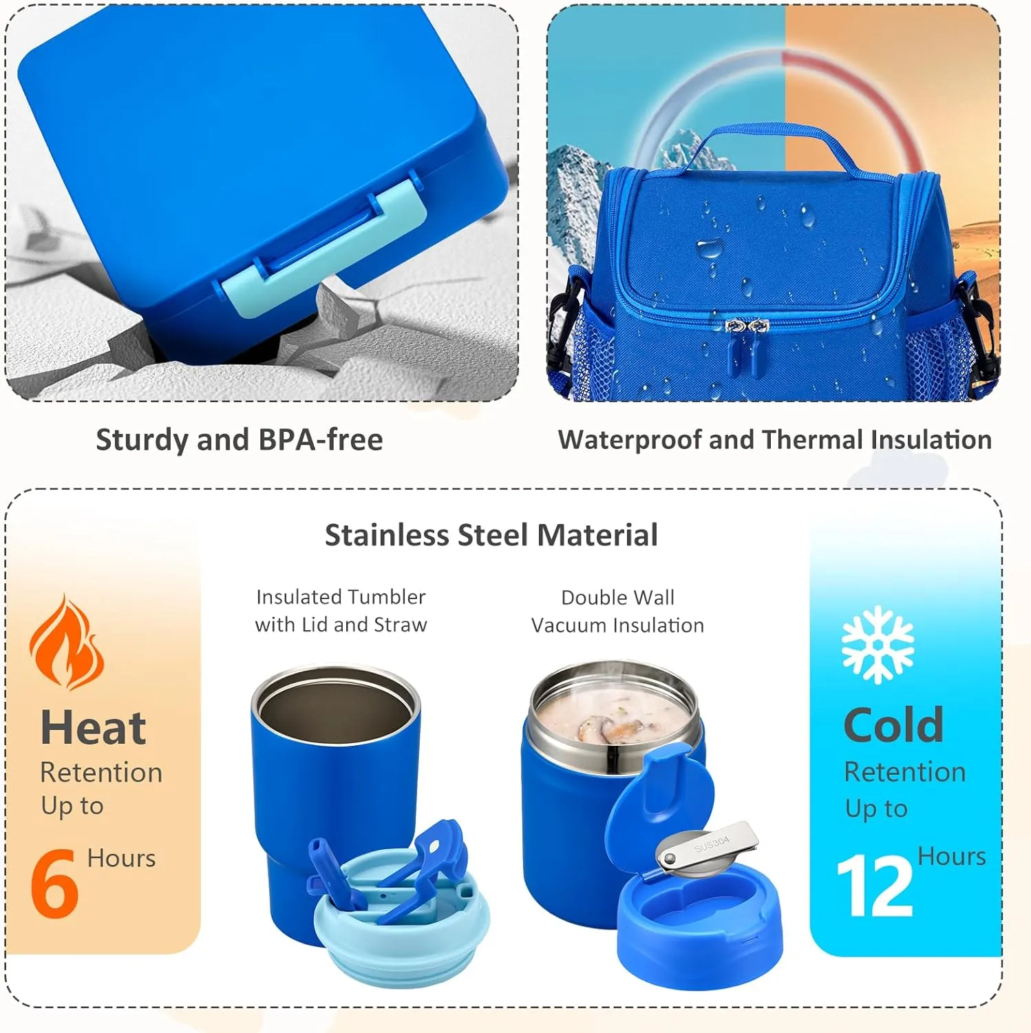 Lunch Box Set with Bento Box Container, 17OZ Stainless Steel Food Soup Thermo, Kids Water Bottle & Portable Insulated Lunch Bag – Leakproof, Hot/Cold Retention for School, Travel(Blue)