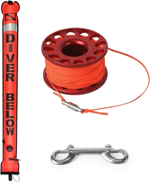 Luwint Surface Marker Buoy with Finger Reel Set, 5ft Hi-Visibility Open Bottom Signal Tube Safety Sausage with 98ft Al Alloy Spool Reel and Double-ended Snap Kit for Wreck Cave Tech Dive Snorkeling