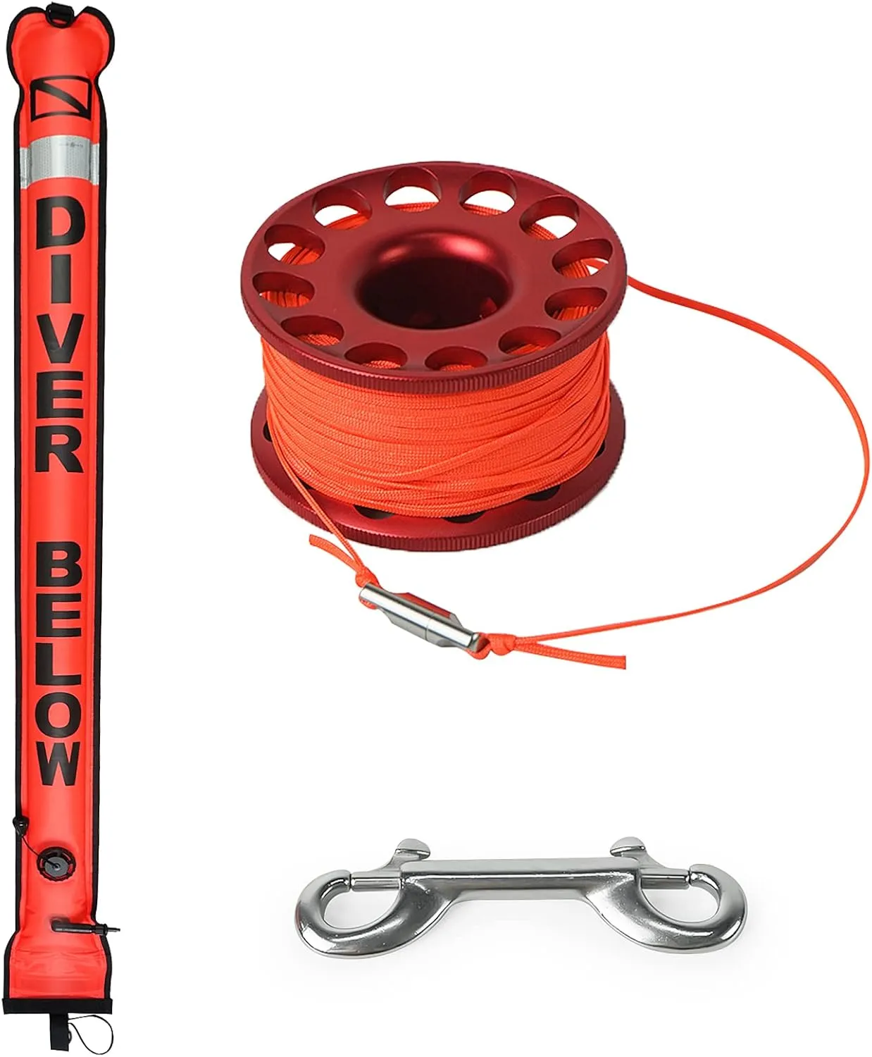 Luwint Surface Marker Buoy with Finger Reel Set, 5ft Hi-Visibility Open Bottom Signal Tube Safety Sausage with 98ft Al Alloy Spool Reel and Double-ended Snap Kit for Wreck Cave Tech Dive Snorkeling