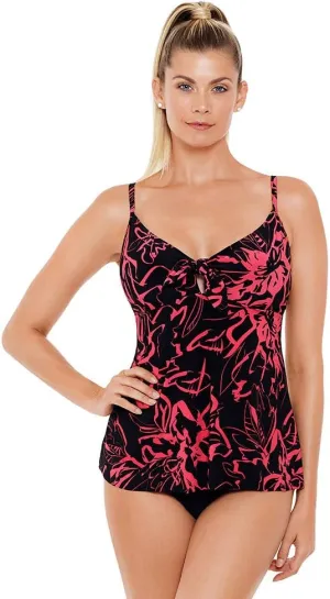 MagicSuit Women's Swimwear Out of Line Alison Removable Soft Cup Front Tie Tankini Top with Adjustable Straps, Black/Coral, 10