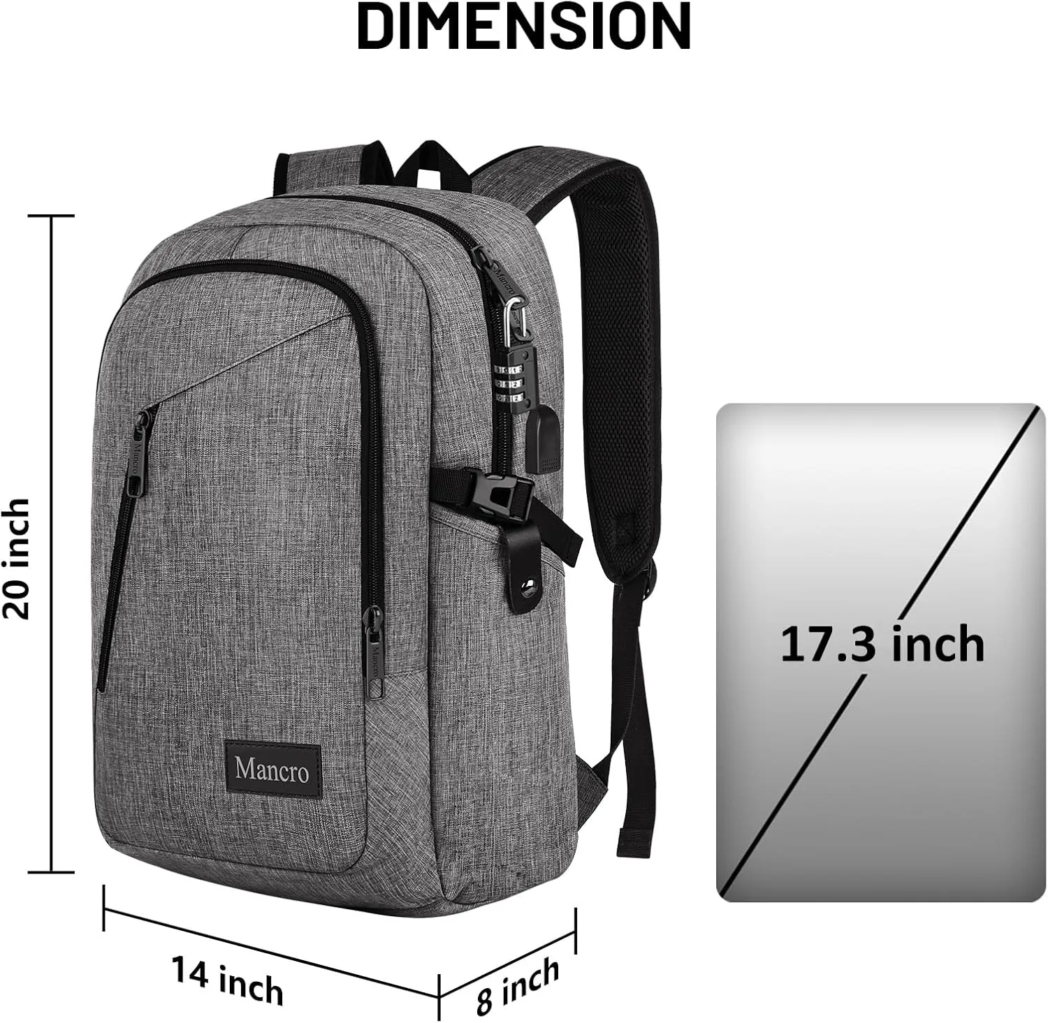 Mancro 17.3 Inch Business Laptop Backpack Large Travel Backpack with USB Charging Port Lightweight Anti-Theft Laptop Backpack for Men & Women