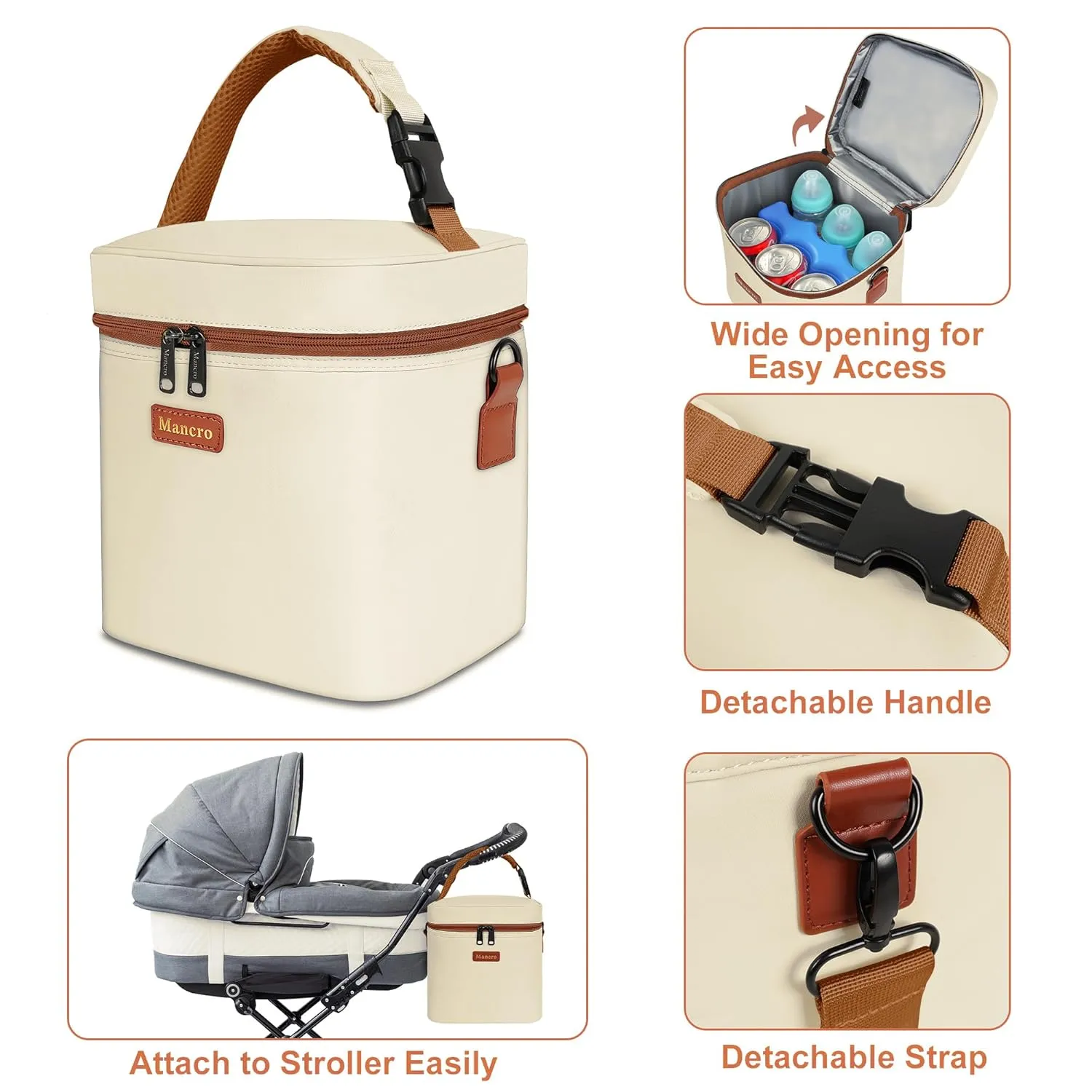Mancro Breast Milk Cooler Travel Bag with Ice Pack, Insulated Baby Bottle Bag Fits for 6 Baby Bottles Up to 9 Ounce with Detachable Shoulder Strap, Breastmilk Cooler for Working Mom or Daycare, Beige