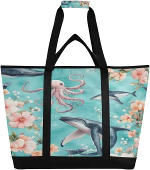 Marine Life Reusable Insulated Lunchbox Cooler Bag, Leakproof Kitchen Grocery Bag Collapsible Portable Cooler Tote Bag for Picnic, Camping, Office, Travel