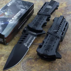 Marines Mtech USMC Black Serrated Pocket Knife Rescue Tactical Glass Breaker