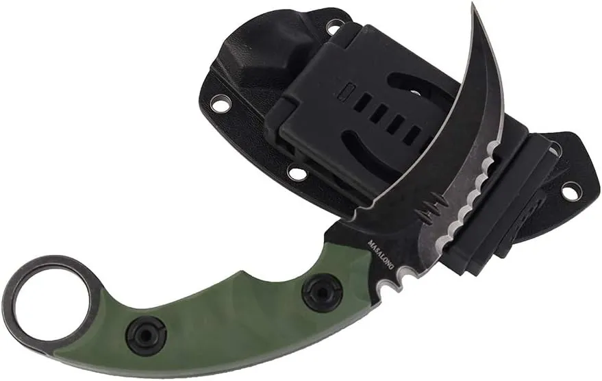 MASALONG Outdoor Survival claw Tactical teeth Knife Double edged sharp Fixed Blade Knife With Sheath (5CR Black Stone wash Green handle)