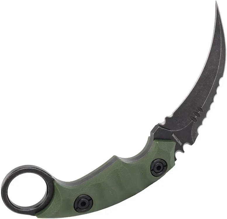 MASALONG Outdoor Survival claw Tactical teeth Knife Double edged sharp Fixed Blade Knife With Sheath (5CR Black Stone wash Green handle)