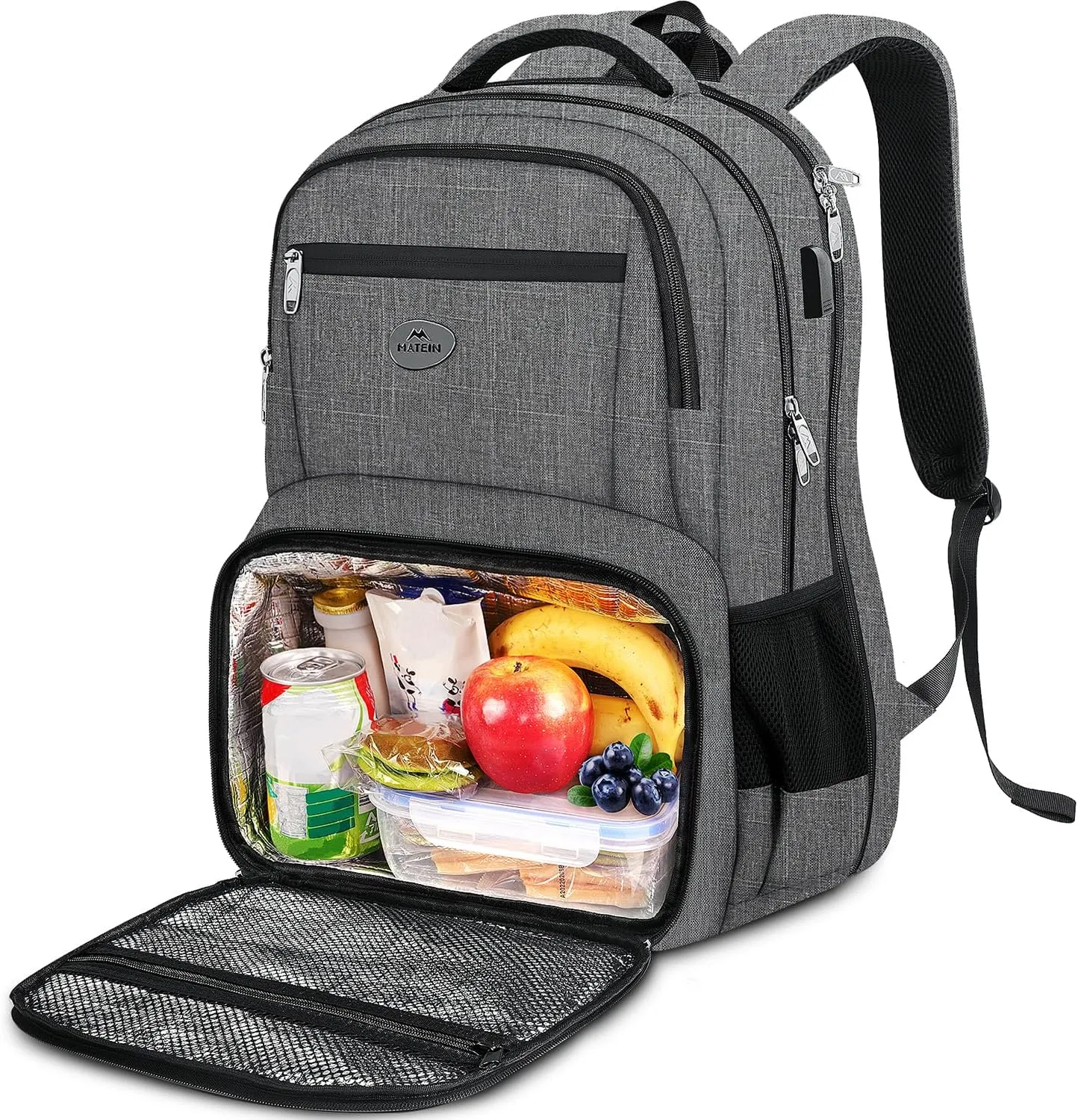 MATEIN Backpack Lunch Box, 18 Inch Work Laptop Bag Business Backpack for Men Women, Personal Item Insulated Bag for Traveling, Heavy Duty Back Pack with Luggage Strap, Gifts for Him (Grey)