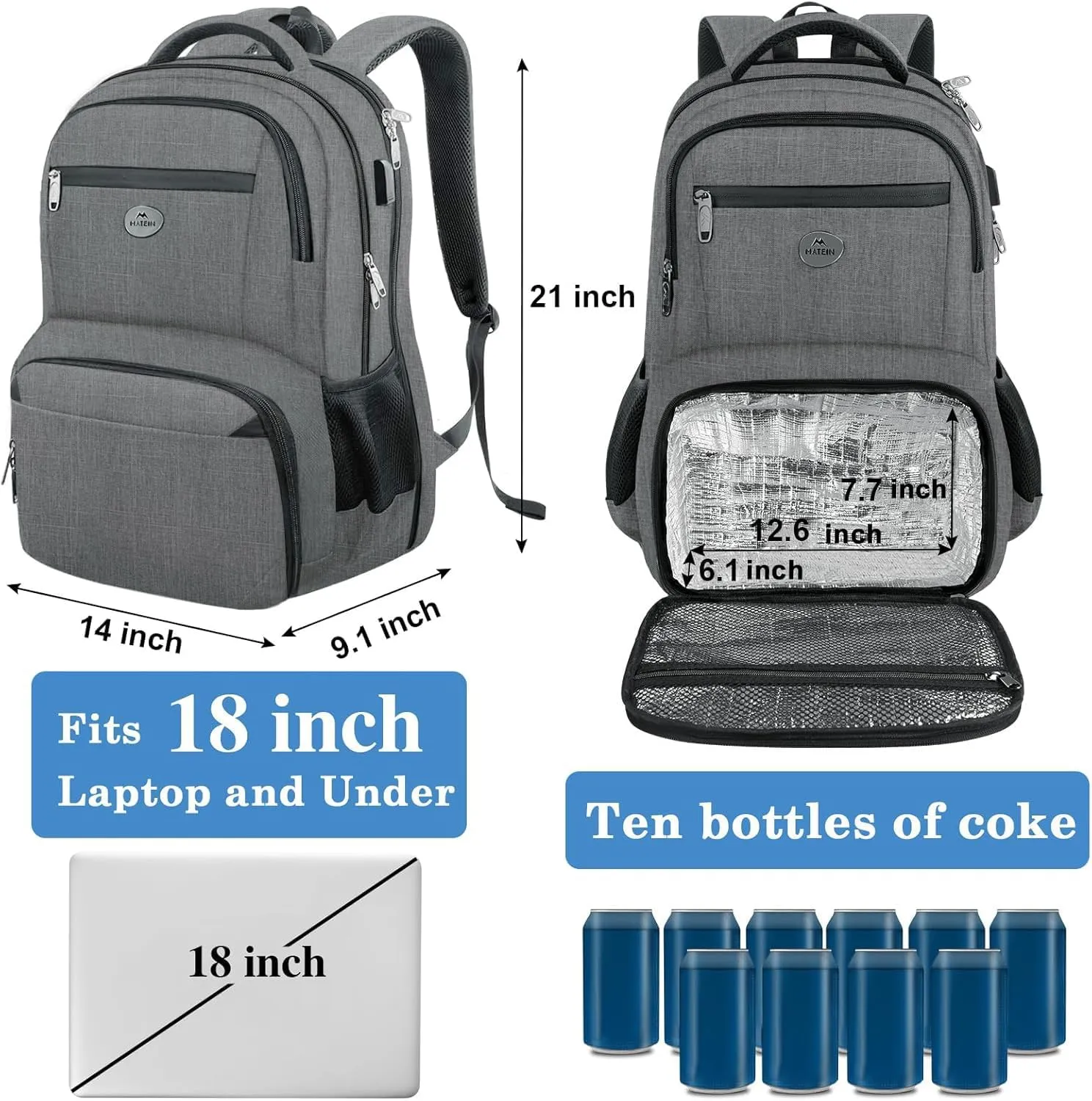 MATEIN Backpack Lunch Box, 18 Inch Work Laptop Bag Business Backpack for Men Women, Personal Item Insulated Bag for Traveling, Heavy Duty Back Pack with Luggage Strap, Gifts for Him (Grey)