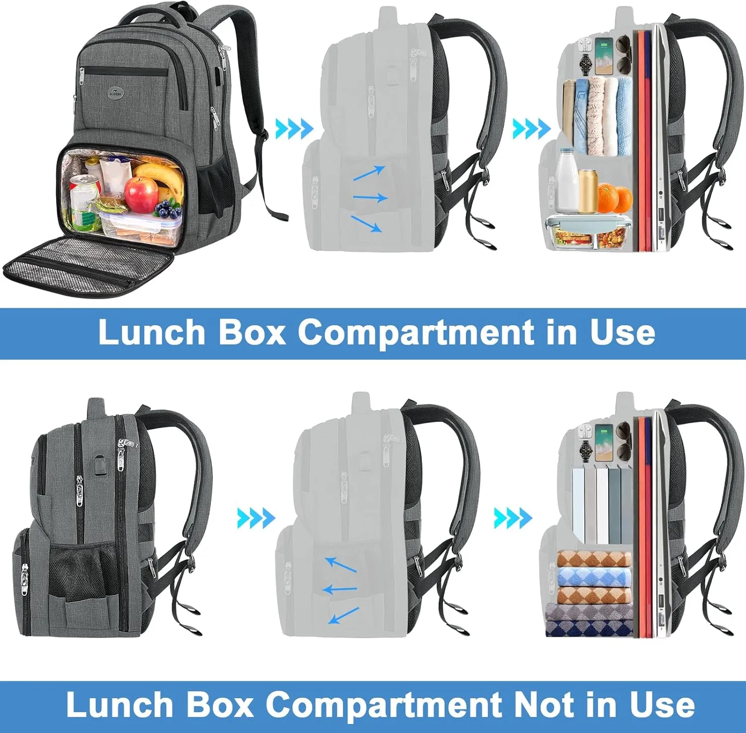 MATEIN Backpack Lunch Box, 18 Inch Work Laptop Bag Business Backpack for Men Women, Personal Item Insulated Bag for Traveling, Heavy Duty Back Pack with Luggage Strap, Gifts for Him (Grey)