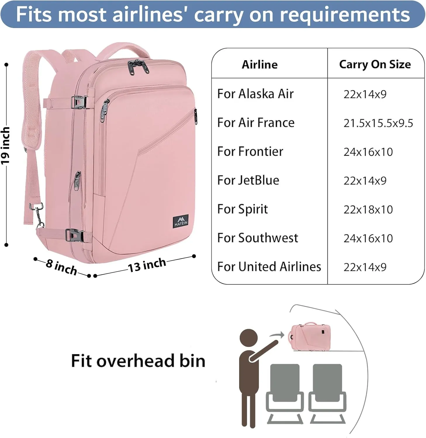 MATEIN Womens Travel Backpack, Extra Large Carryon Backpack Fits Overhead Bin, Cute Weekender Daypack for Travel on Airplane, Traveling Accessories for Women, Pink