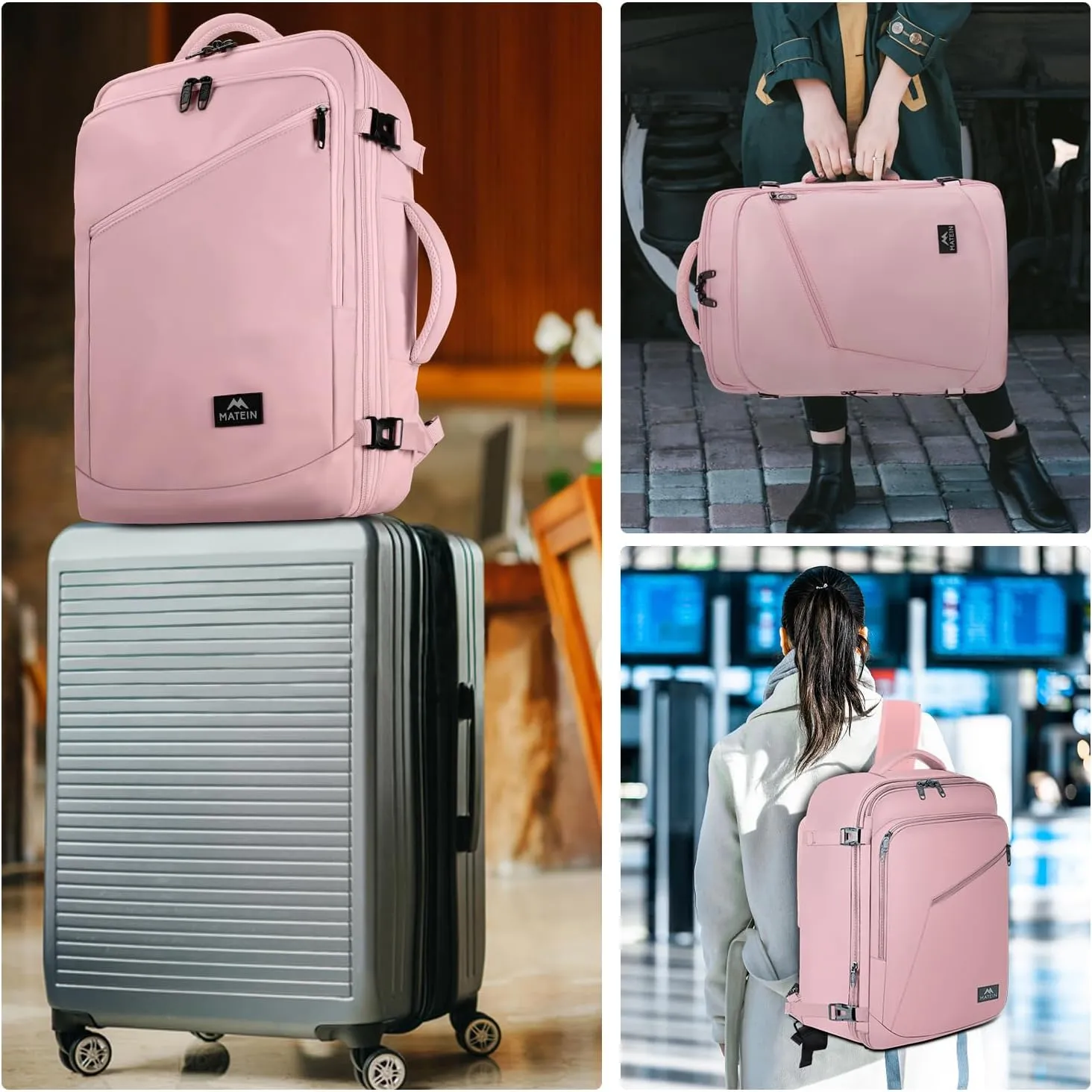 MATEIN Womens Travel Backpack, Extra Large Carryon Backpack Fits Overhead Bin, Cute Weekender Daypack for Travel on Airplane, Traveling Accessories for Women, Pink